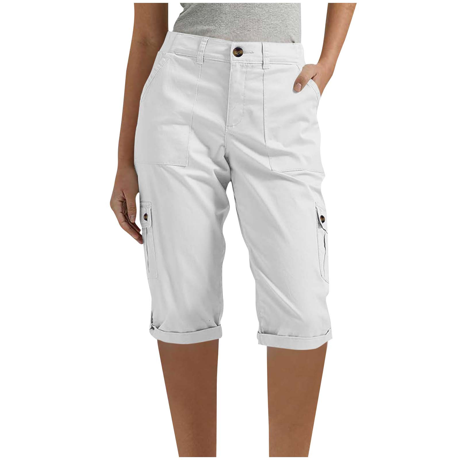 Women's Cargo Bermuda Shorts Elastic High Waisted Tapered Twill Fold Hem Knee Length Shorts Summer Travel Shorts with Pockets